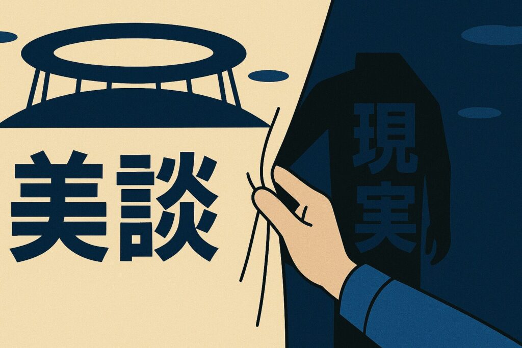 美談の幕の裏に隠されたオールナイト万博の現実を示すシンボルイラスト