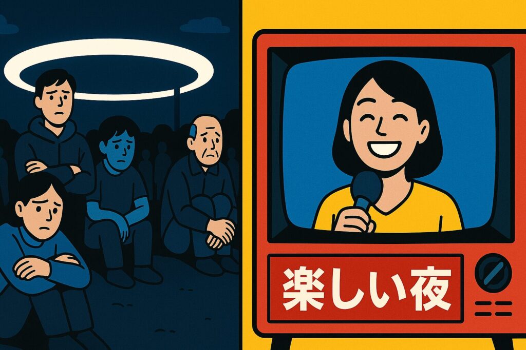 現場の不安な来場者とテレビで流れる笑顔インタビューの対比