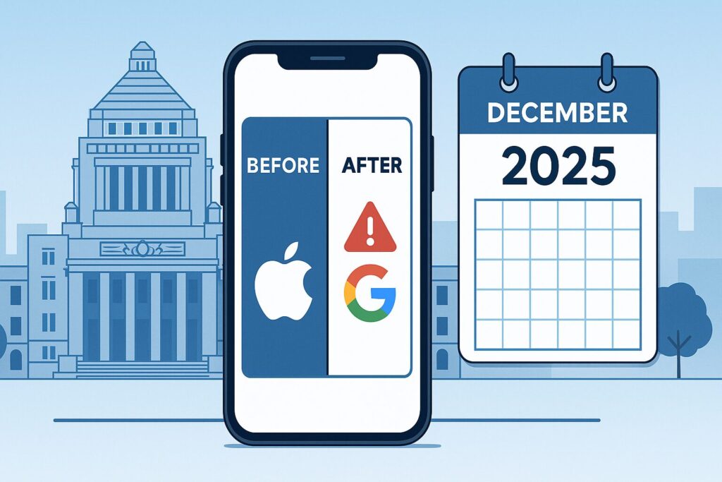 2025年12月施行のスマホ新法(スマートフォンソフトウェア競争促進法)によるApple・Googleへの規制変化を示すインフォグラフィック