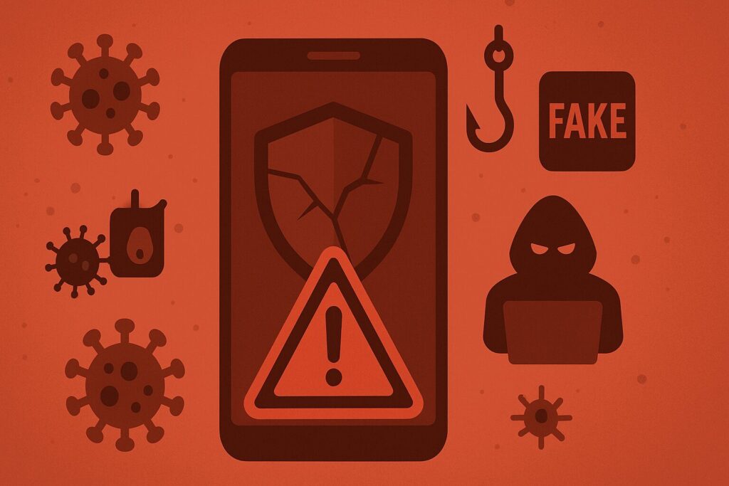 スマホ新法施行によるセキュリティリスク増大の警告 - マルウェア、フィッシング詐欺、偽アプリなどの脅威を示すイラスト