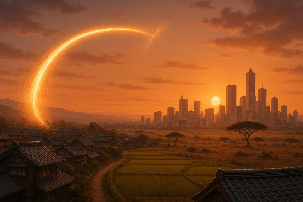 アフリカと日本の地方都市を結ぶ架け橋が途切れているイメージ図。アフリカ・ホームタウン構想撤回を象徴する写真