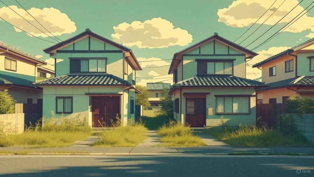 日本の空き家問題を象徴する住宅街の風景、手入れされていない空き家