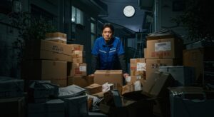 大量の未配達郵便物を前に疲労困憊する配達員の様子。日本郵便の未配達問題と配達現場の労働環境悪化を象徴する画像。