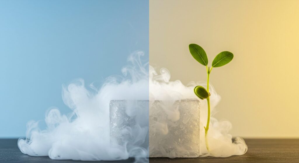 白い煙を上げるドライアイスの塊から、みずみずしい緑の新芽が力強く芽吹いている様子。脱炭素社会におけるCO2不足という課題と、カーボンリサイクルという未来への希望を象徴する画像。