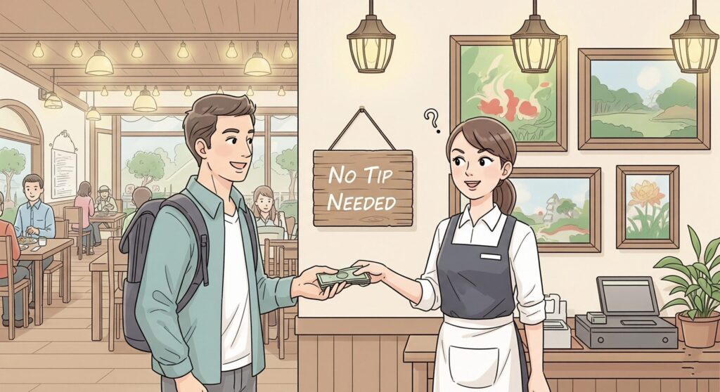 観光客からチップを差し出され、戸惑いながらも笑顔で対応する飲食店の従業員のイラスト