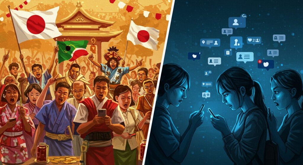 JICAアフリカホームタウン騒動を象徴する画像。国際交流の明るい過去と、SNSで分断される現在の日本社会を対比的に表現したイラスト。社会の心の貧困と排外主義の問題を視覚化している。