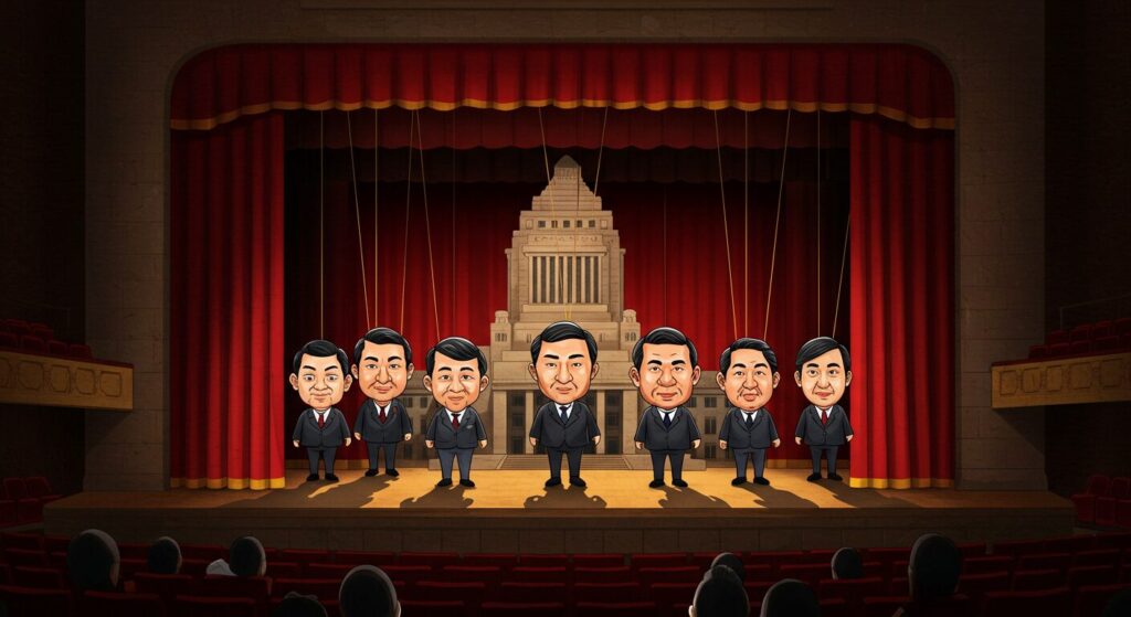 自民党総裁選を政治劇場として表現したイラスト。舞台上で糸に操られる政治家の人形と国会議事堂のシルエットが描かれている
