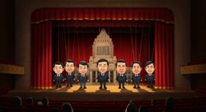 自民党総裁選を政治劇場として表現したイラスト。舞台上で糸に操られる政治家の人形と国会議事堂のシルエットが描かれている