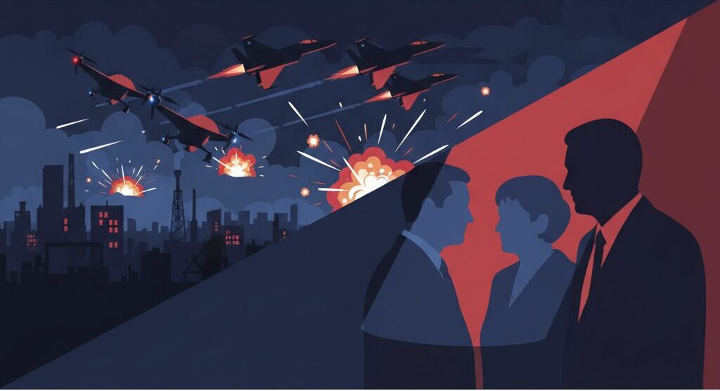 ポーランド上空でロシア製ドローンを迎撃するNATO戦闘機のイメージ図。2025年9月の領空侵犯事件を表現した報道イラスト。