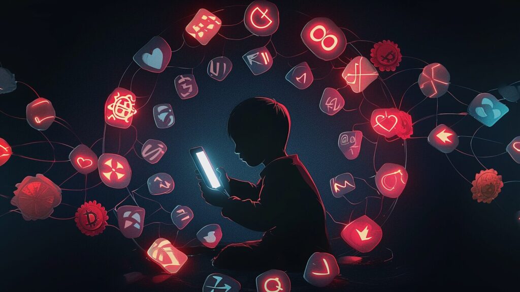 スマートフォンでオンラインカジノに接続する少年を象徴的に描いた社会問題風イラスト。デジタル依存と未成年犯罪の構造を暗示。