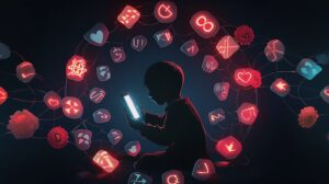 スマートフォンでオンラインカジノに接続する少年を象徴的に描いた社会問題風イラスト。デジタル依存と未成年犯罪の構造を暗示。