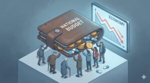 崩れそうな巨大な財布を支える若者と、そこからこぼれ落ちる薬のカプセル