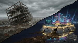 傾く廃墟のビルと、地盤不安を抱える大阪カジノIRの対比イラスト