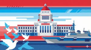 武器輸出解禁と平和国家の分岐点を象徴するイラスト——鳩と護衛艦が対置する構図