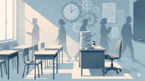 教員不足と働く環境の問題を象徴する、静かな教室と教師不在のデスクを描いたイラスト