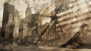 国連本部ビルと1930年代の国際連盟本部が重なり合う二重露光イメージ。トランプ大統領の66国際機関離脱と1930年代の国際秩序崩壊の類似性を視覚的に表現