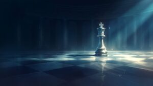 チェス盤の上に一人で立つキングの駒、長い影を落とす