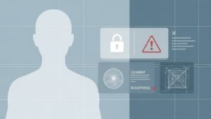 X上でのAI画像改変問題と設計責任を象徴する、人物シルエットと鍵・警告・ワイヤーフレームを重ねた抽象的なビジュアル。