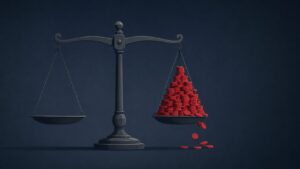 水平に見えて実は片方に借金が積み上がる天秤のイラスト。補正予算3兆円と赤字国債による「差し引きゼロ」のからくりを表す。
