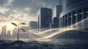 スタートアップ政策の期待と創業期資金不足の矛盾を表す、都市と小さな苗木の編集記事風イラスト